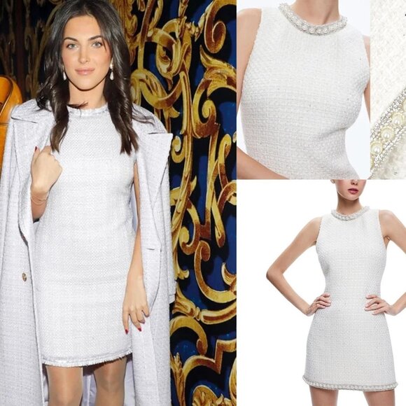 ALICE + OLIVIA COLEY WHITE TWEED BOUCLE RHINESTONE PEARL MINI DRESS $550 SMALL 2 - Picture 1 of 16